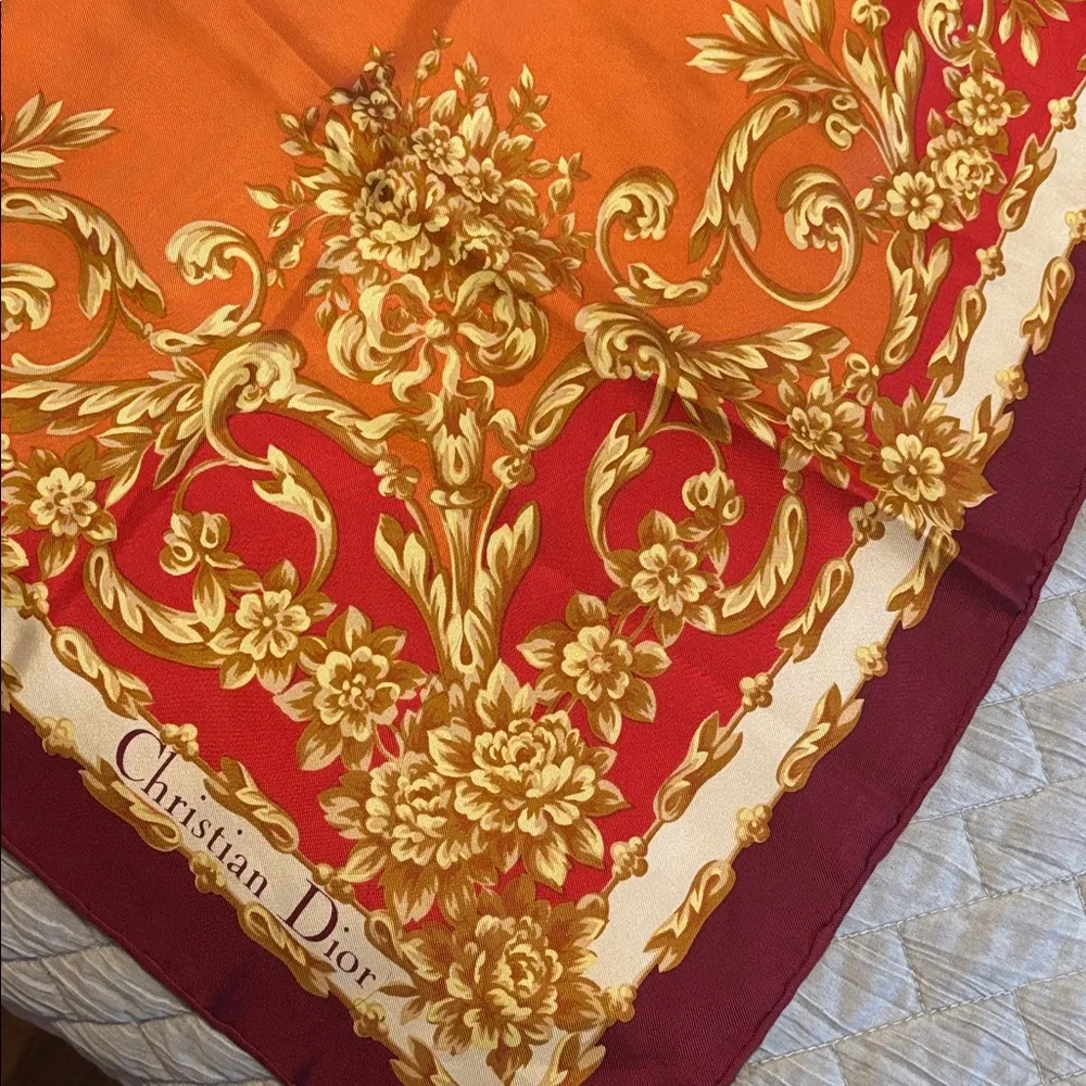 Christian Dior vantage Elegant Orange and Gold Scarf
